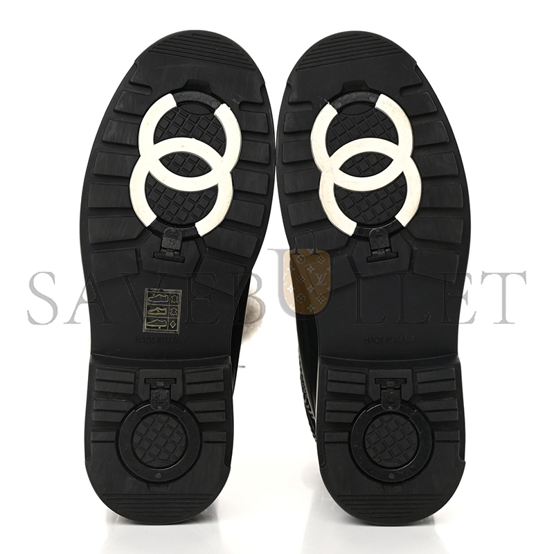 CHANEL CALFSKIN SHEARLING CC LACE UP BOOTS ‎G35376
